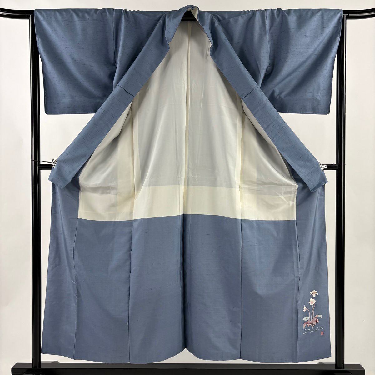 【美品】 紬織 身長154.5cm 袖長65cm M 雙層 岡本幸治 落款あり 水色 純蠶絲 秀品級 一つ紋
