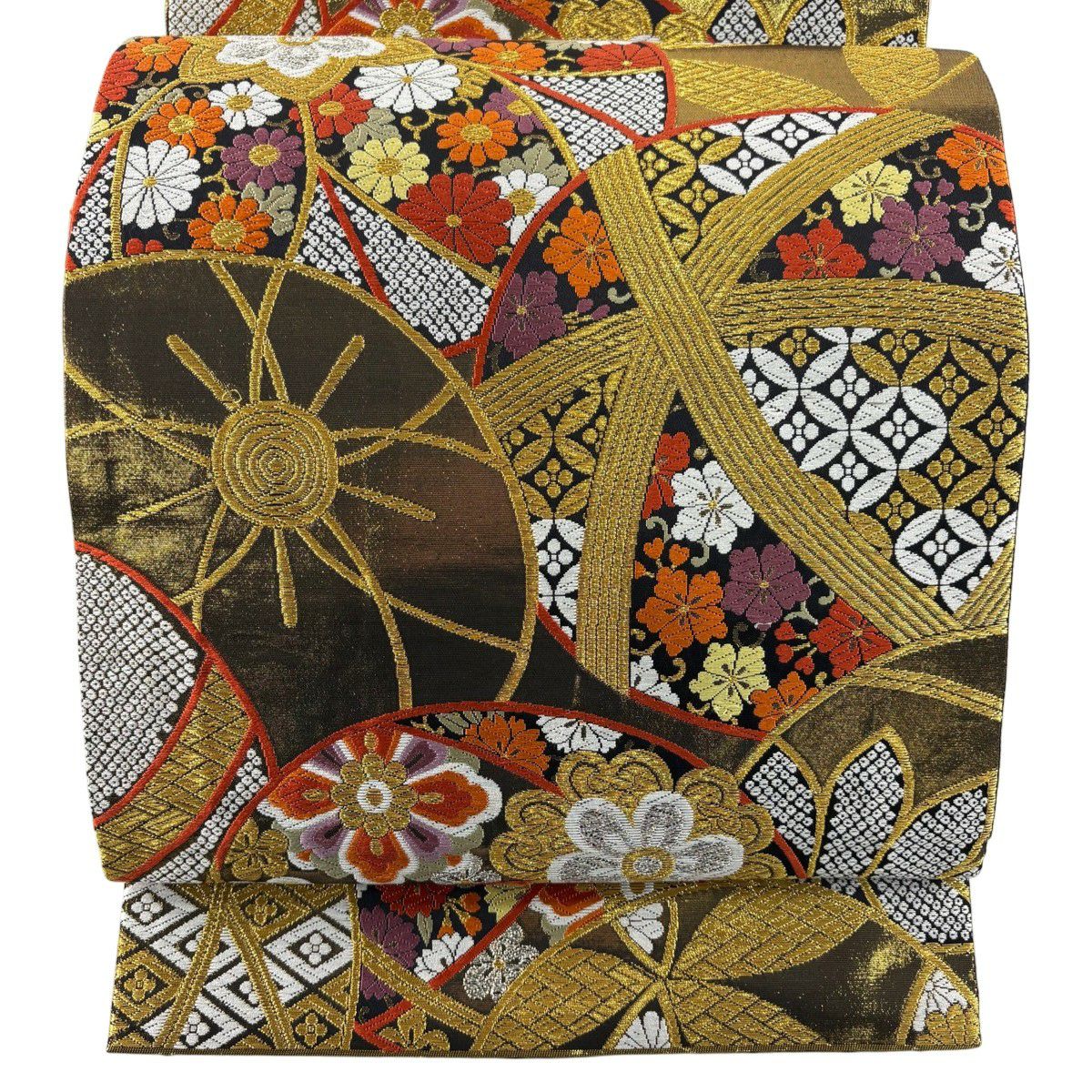 【美品】 袋帶 秀品級 鞠 菊花唐草紋 唐草紋 金絲 金 全通 純蠶絲