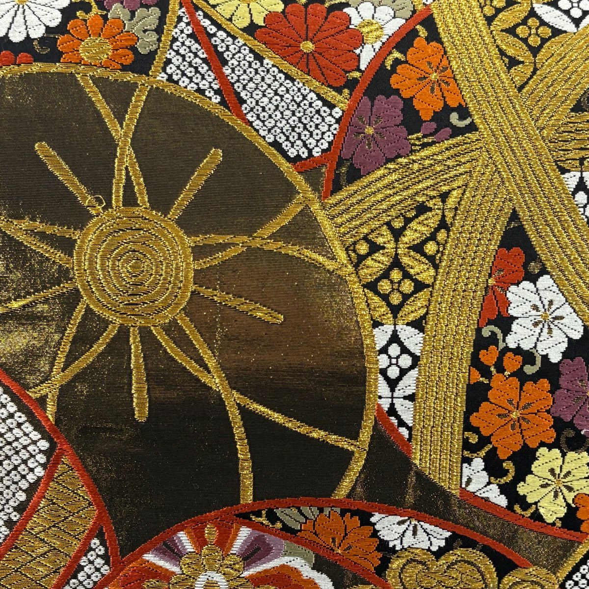 【美品】 袋帶 秀品級 鞠 菊花唐草紋 唐草紋 金絲 金 全通 純蠶絲