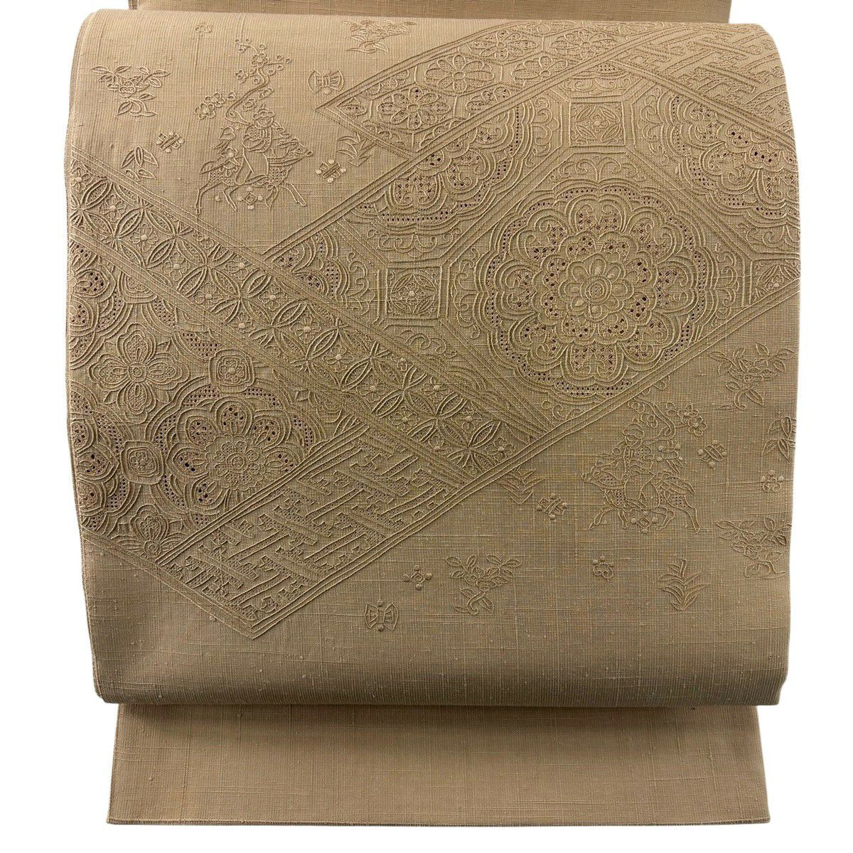 袋帶 秀品級 紬織織 關西仕立 薄茶色 蜀江華紋 動物刺繡 金金箔 お太鼓柄 純蠶絲