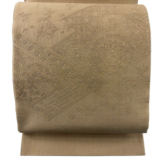 袋帶 秀品級 紬織織 關西仕立 薄茶色 蜀江華紋 動物刺繡 金金箔 お太鼓柄 純蠶絲