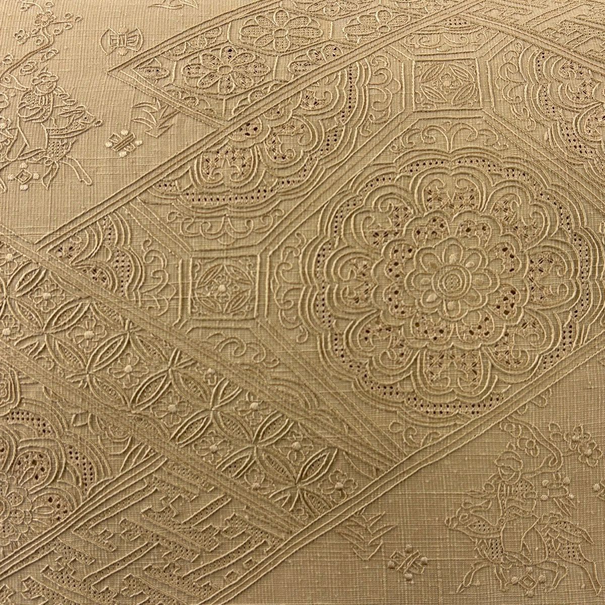 袋帶 秀品級 紬織織 關西仕立 薄茶色 蜀江華紋 動物刺繡 金金箔 お太鼓柄 純蠶絲
