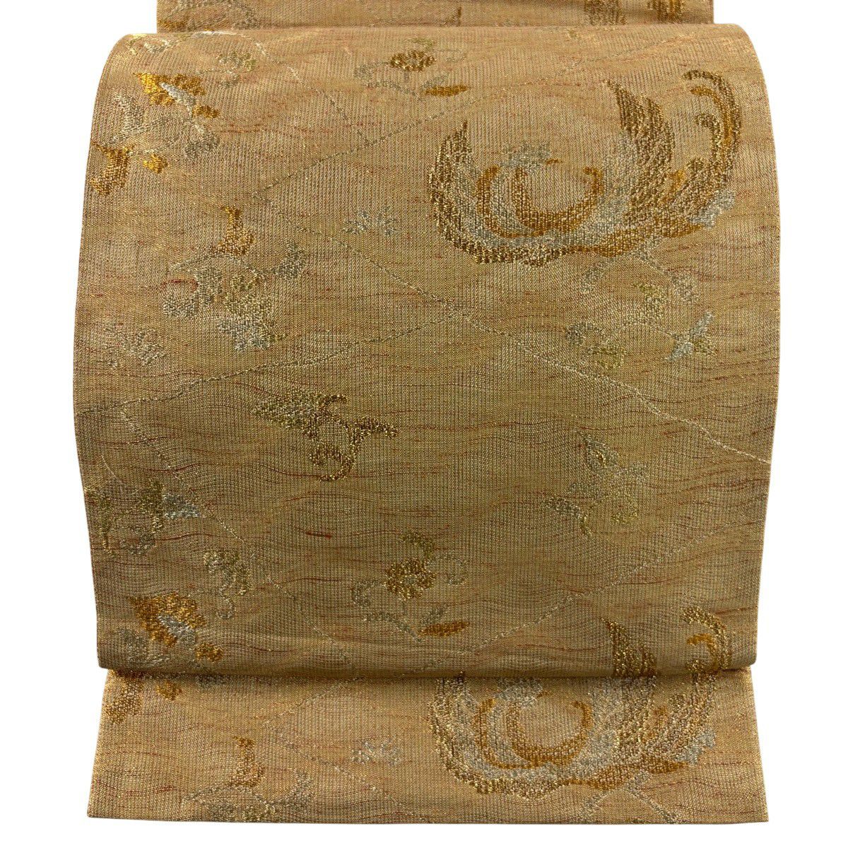 【美品】 袋帶 秀品級 鳥 草花紋 金糸 金金箔 淺橙 六通 純蠶絲