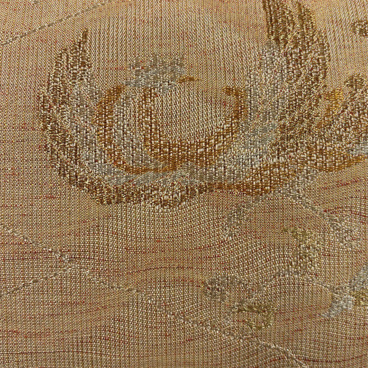 【美品】 袋帶 秀品級 鳥 草花紋 金糸 金金箔 淺橙 六通 純蠶絲