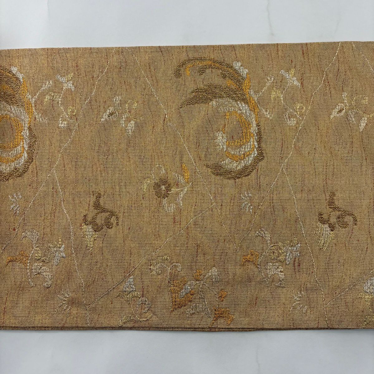 【美品】 袋帶 秀品級 鳥 草花紋 金糸 金金箔 淺橙 六通 純蠶絲