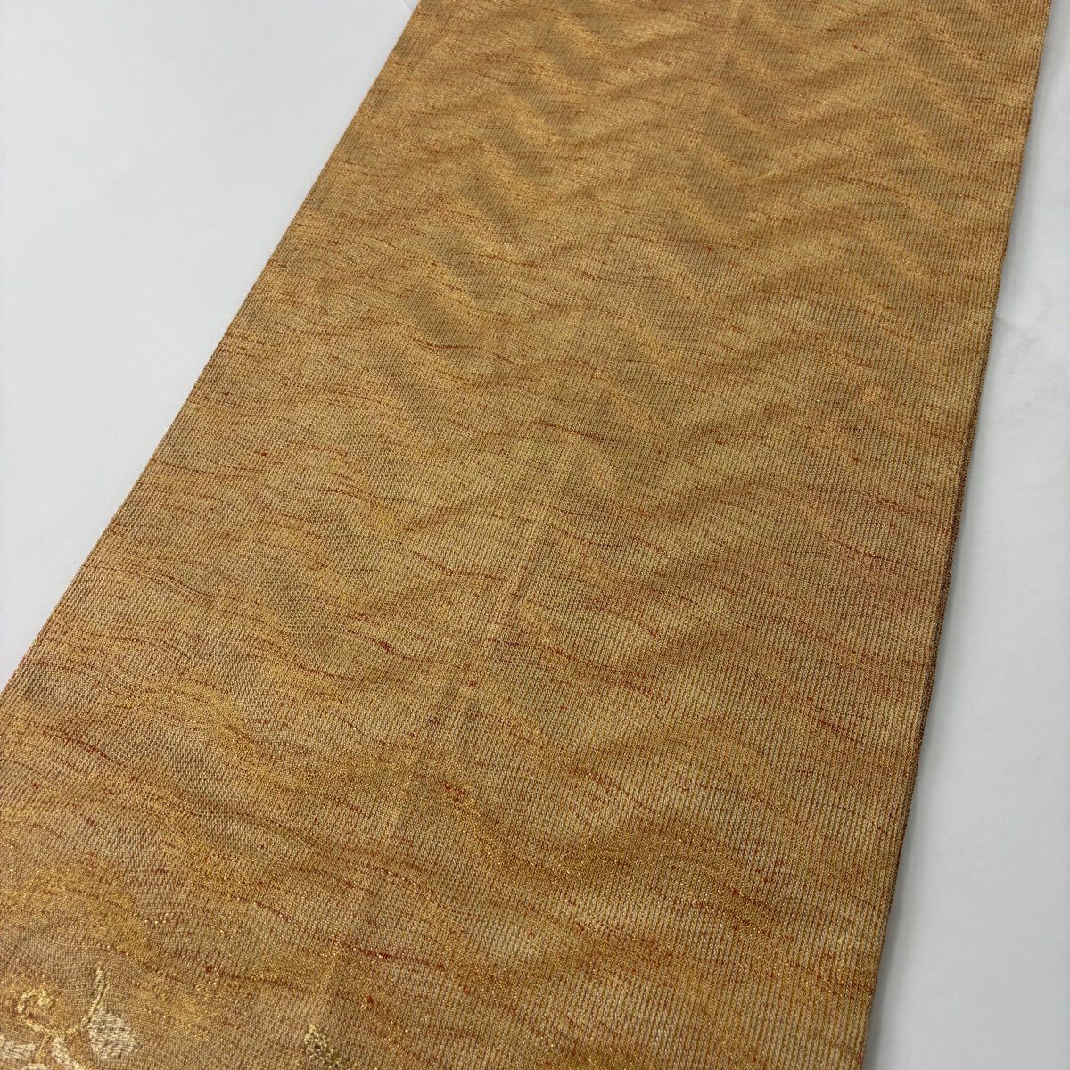 【美品】 袋帶 秀品級 鳥 草花紋 金糸 金金箔 淺橙 六通 純蠶絲