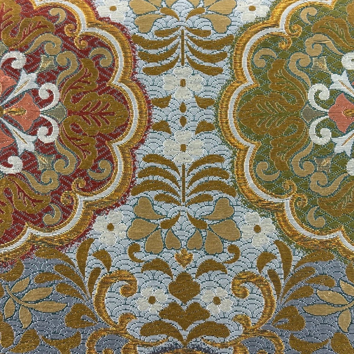 【美品】 袋帶 秀品級 藤花壽柏紋樣 金絲 金金箔 灰色 六通 純蠶絲