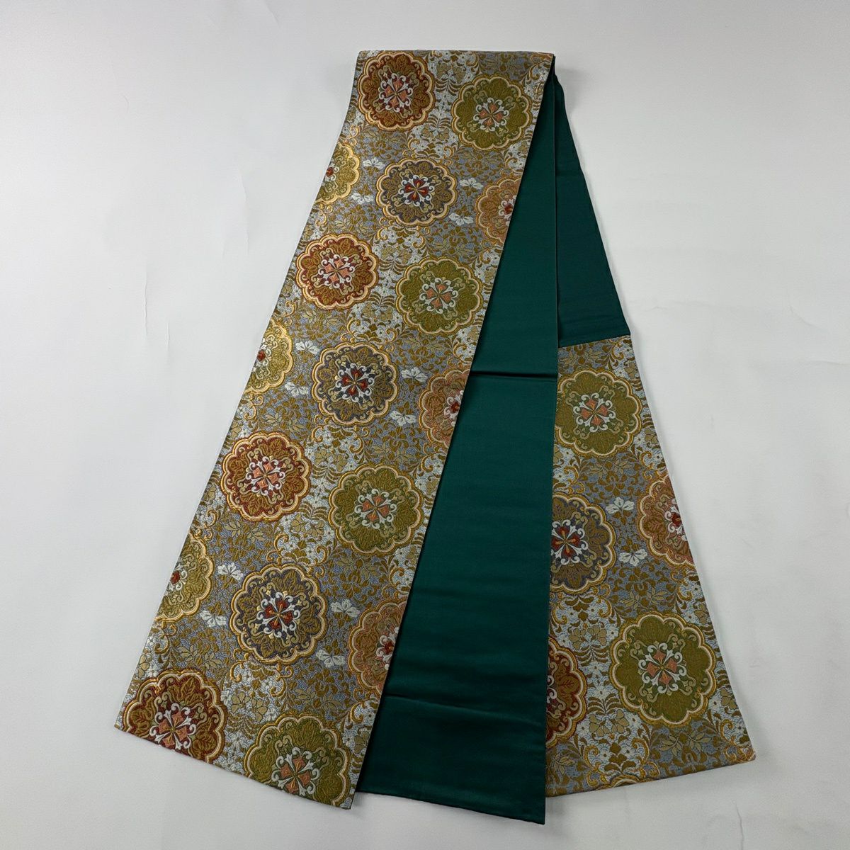 【美品】 袋帶 秀品級 藤花壽柏紋樣 金絲 金金箔 灰色 六通 純蠶絲