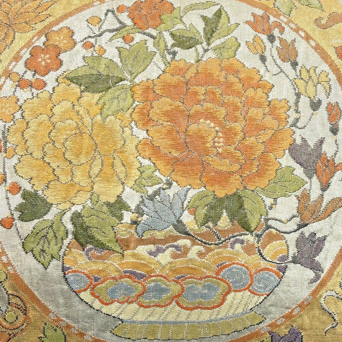 袋帶 秀品級 關西仕立 雙面文 草花紋紋 銀線 金金箔 米色 六通 純蠶絲