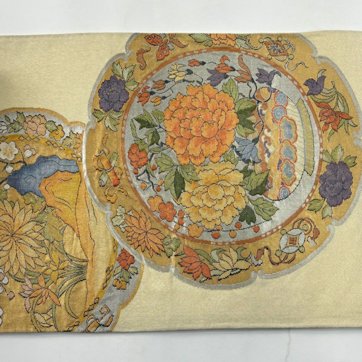 袋帶 秀品級 關西仕立 雙面文 草花紋紋 銀線 金金箔 米色 六通 純蠶絲