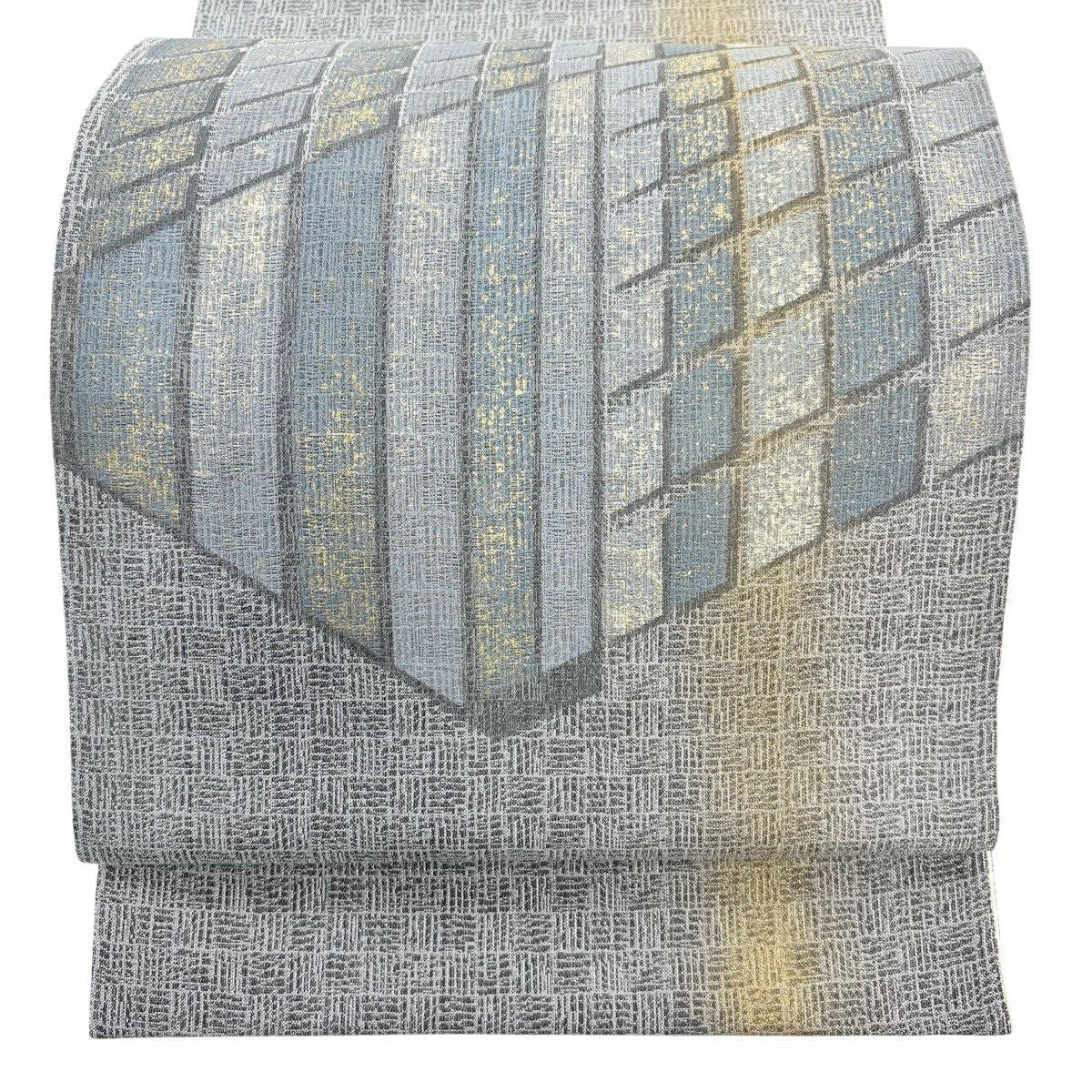 【美品】 袋帶 秀品級 幾何學 金彩裝飾 灰 深色 お太鼓圖案 純蠶絲