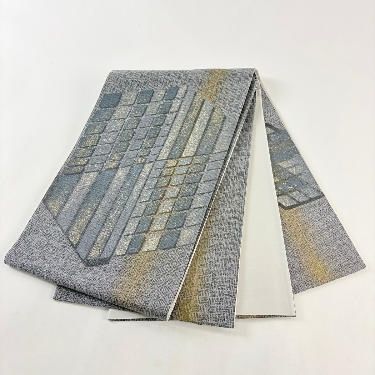 【美品】 袋帶 秀品級 幾何學 金彩裝飾 灰 深色 お太鼓圖案 純蠶絲