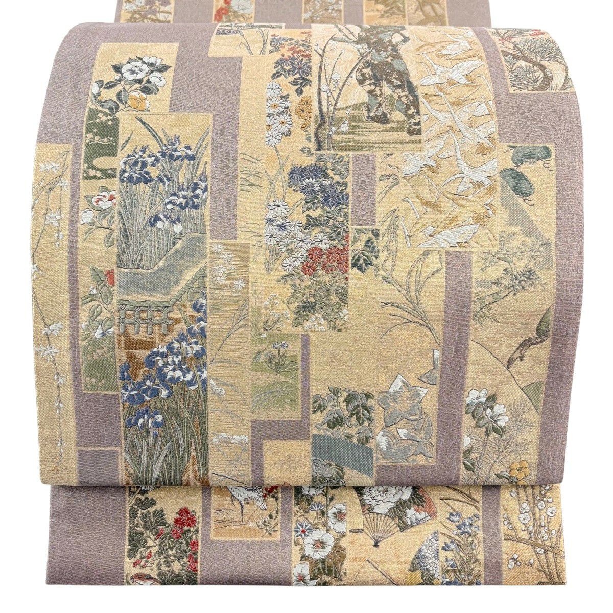 【美品】 袋帶 秀品級 短冊 仙鶴 金絲 灰茶 お太鼓圖案 純蠶絲