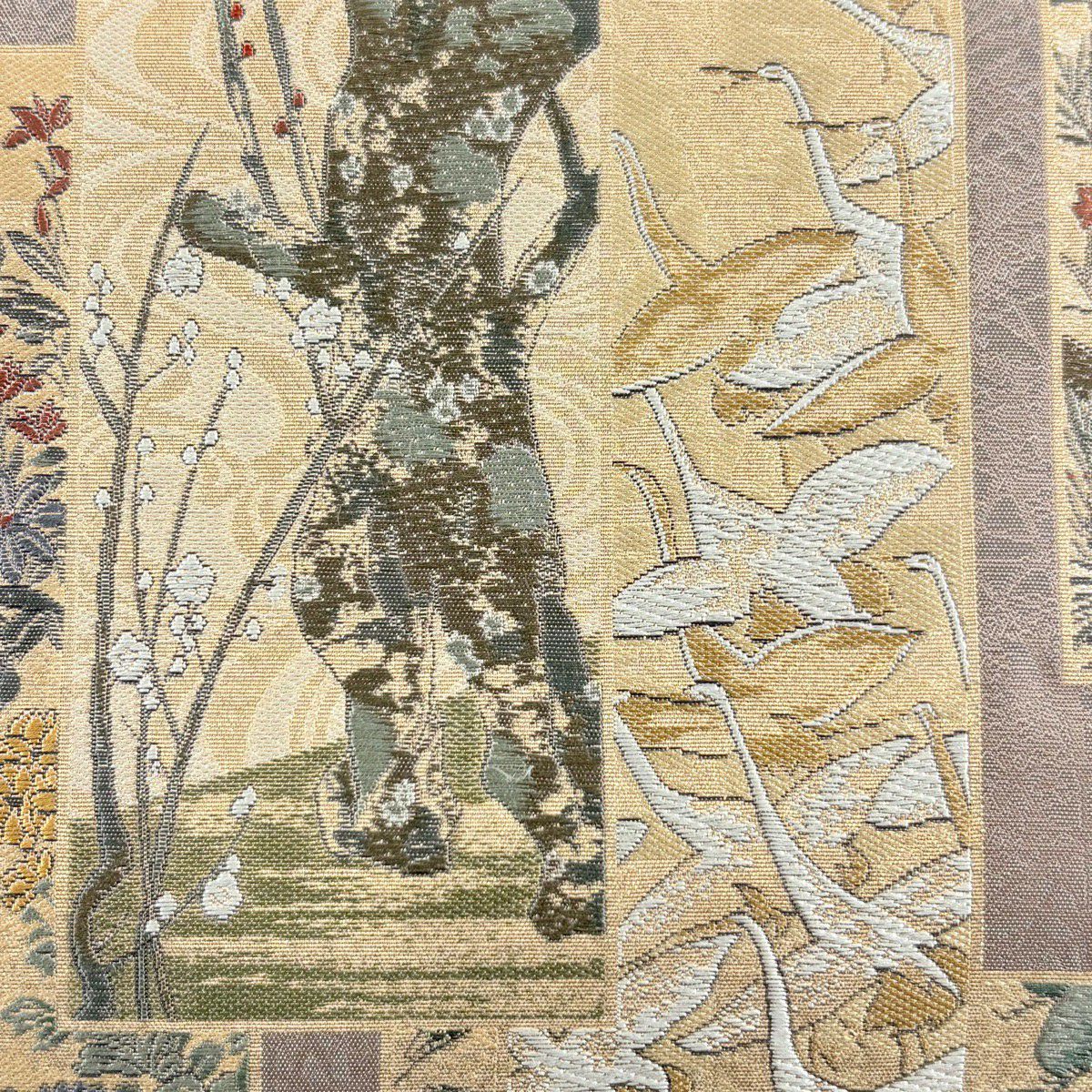 【美品】 袋帶 秀品級 短冊 仙鶴 金絲 灰茶 お太鼓圖案 純蠶絲