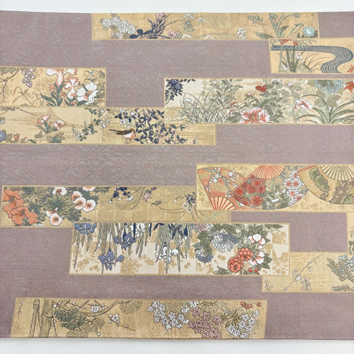 【美品】 袋帶 秀品級 短冊 仙鶴 金絲 灰茶 お太鼓圖案 純蠶絲