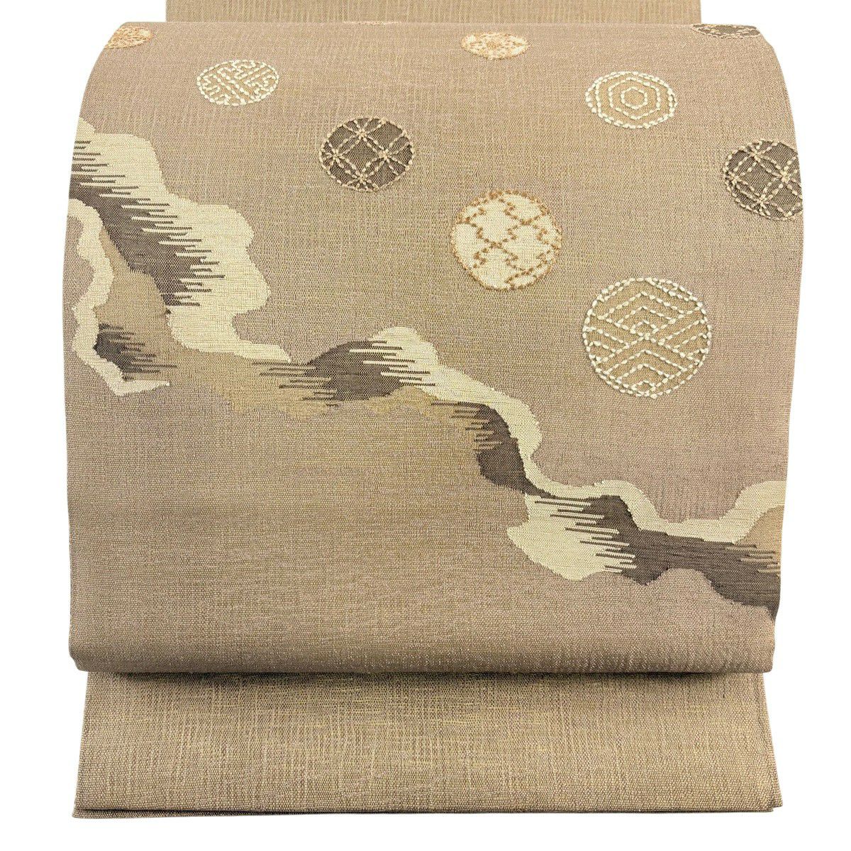 【美品】 袋帶 秀品級 夏帶 圓文 霞 刺繡 茶 純蠶絲