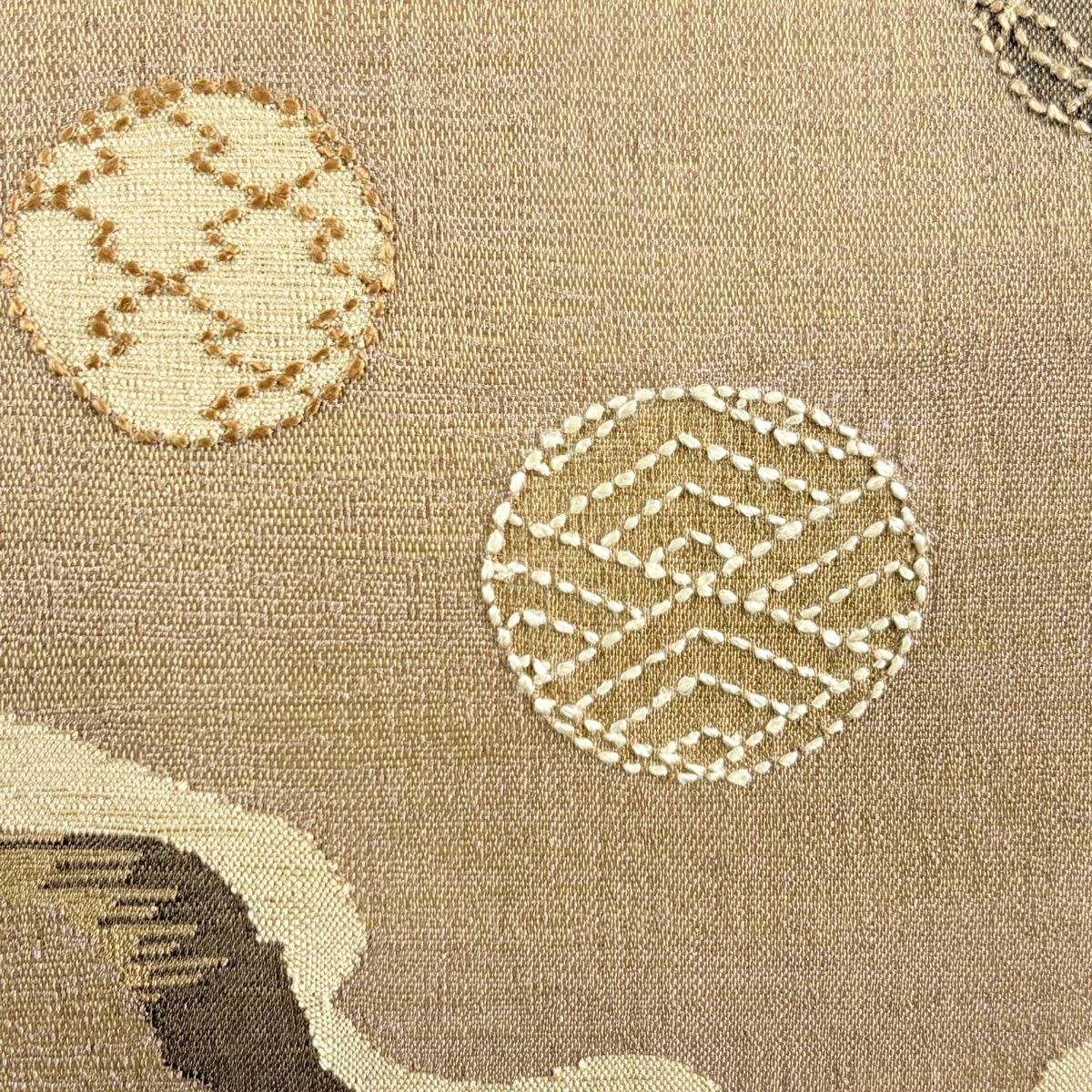 【美品】 袋帶 秀品級 夏帶 圓文 霞 刺繡 茶 純蠶絲