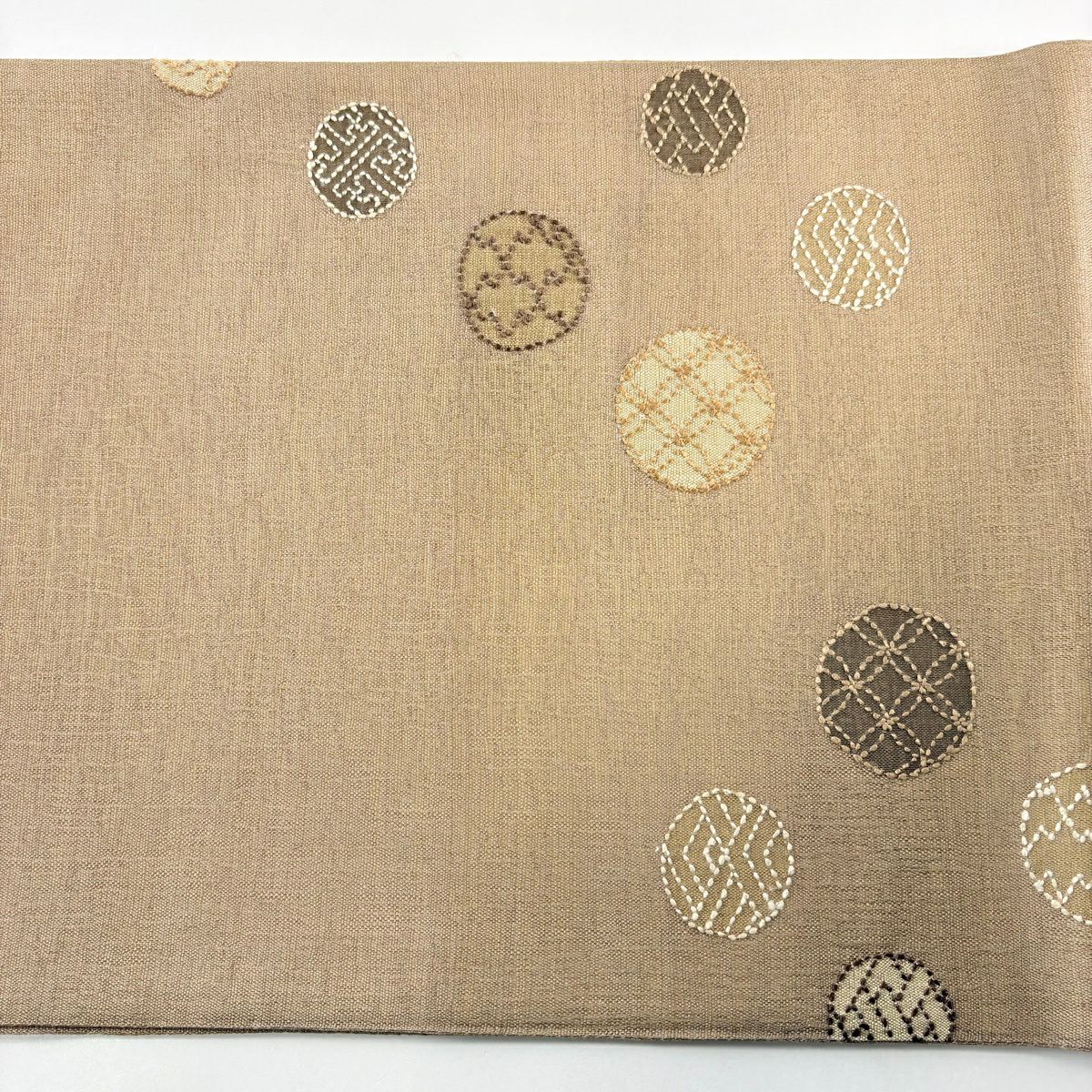 【美品】 袋帶 秀品級 夏帶 圓文 霞 刺繡 茶 純蠶絲