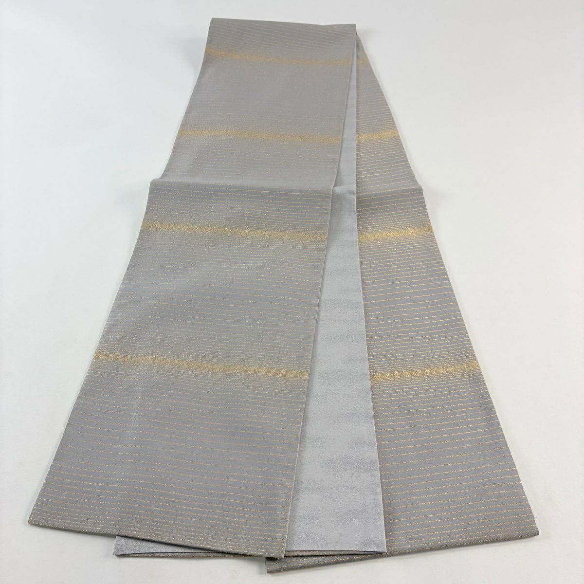 【美品】 袋帶 秀品級 縞 金絲 灰色 全通 純蠶絲