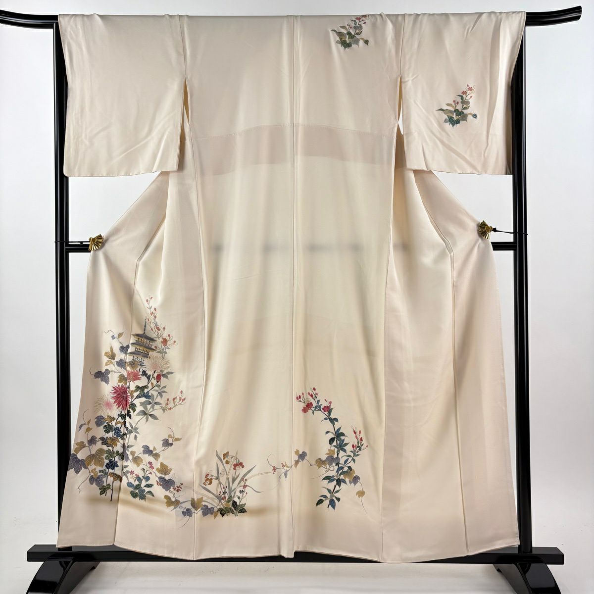 付下 身長157.5cm 袖長66.5cm M 雙層 建物 枝花 金銀彩 漸層 奶油色 純蠶絲 優品級