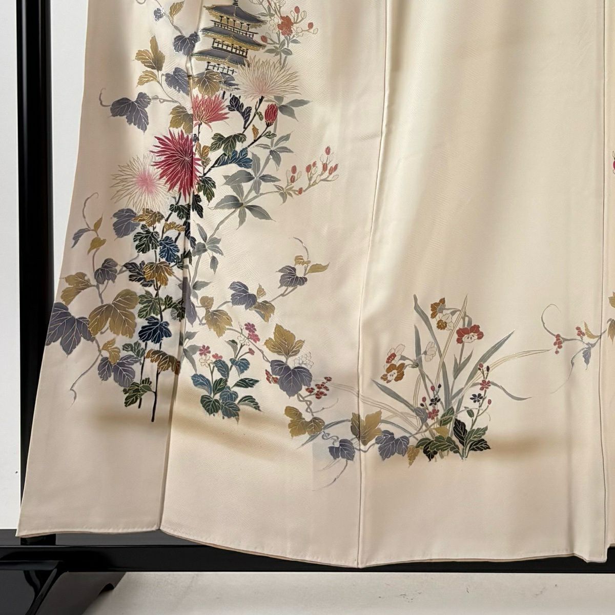 付下 身長157.5cm 袖長66.5cm M 雙層 建物 枝花 金銀彩 漸層 奶油色 純蠶絲 優品級