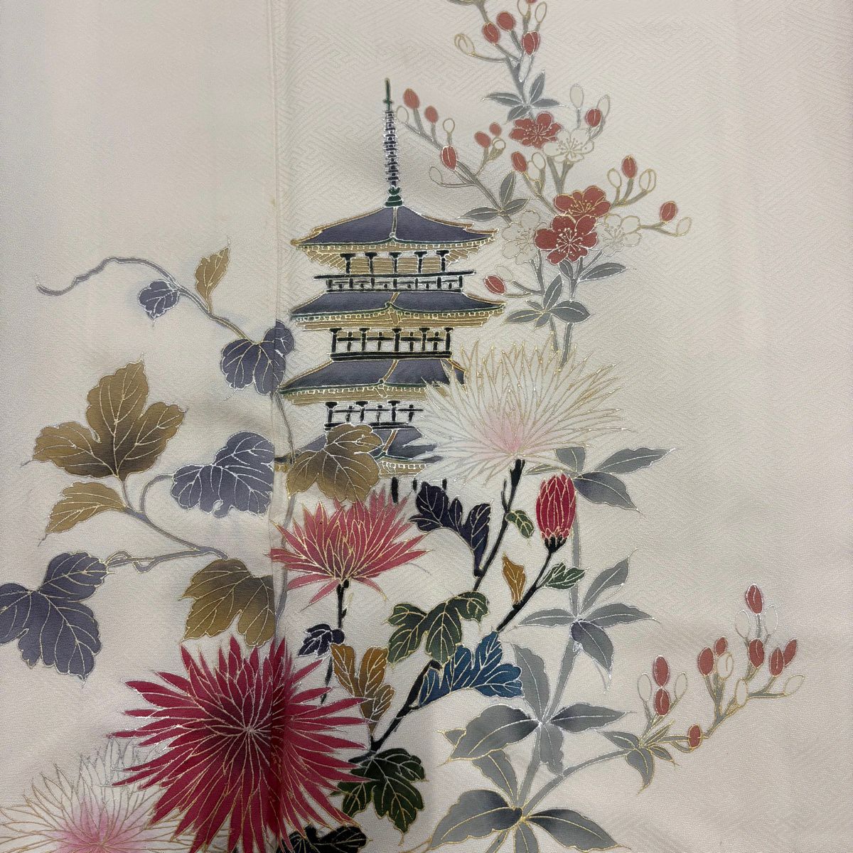 付下 身長157.5cm 袖長66.5cm M 雙層 建物 枝花 金銀彩 漸層 奶油色 純蠶絲 優品級