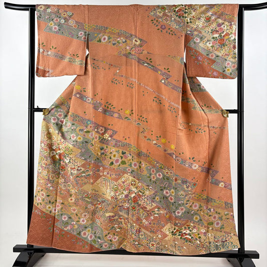 【美品】訪問服 身長157cm 袖長62cm S 雙層 花鳥 寶盡くし 金銀彩 粉米色 純蠶絲 優品級