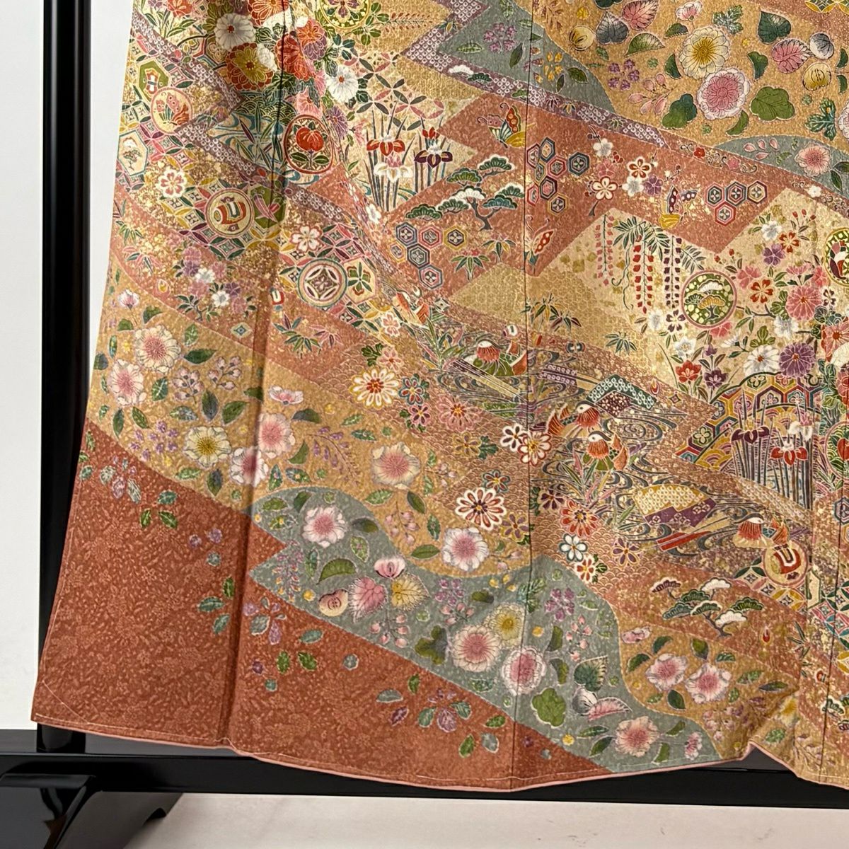 【美品】訪問服 身長157cm 袖長62cm S 雙層 花鳥 寶盡くし 金銀彩 粉米色 純蠶絲 優品級