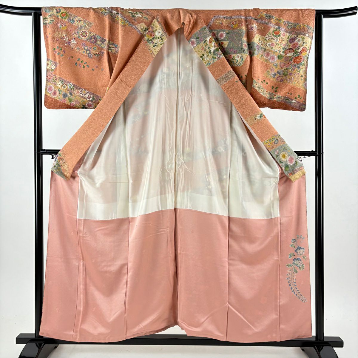 【美品】訪問服 身長157cm 袖長62cm S 雙層 花鳥 寶盡くし 金銀彩 粉米色 純蠶絲 優品級