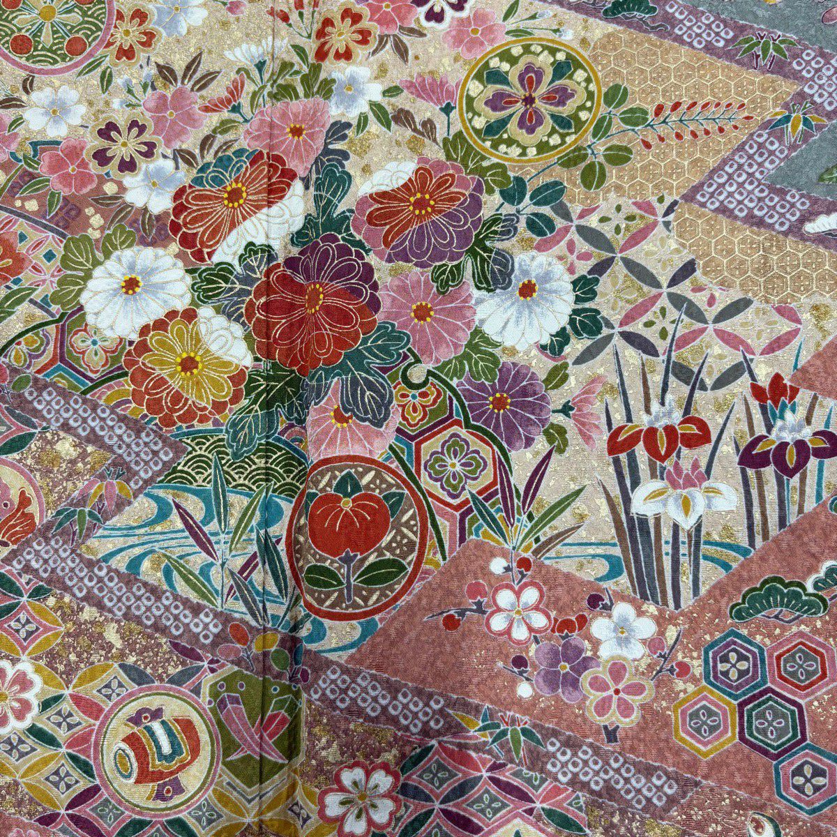 【美品】訪問服 身長157cm 袖長62cm S 雙層 花鳥 寶盡くし 金銀彩 粉米色 純蠶絲 優品級