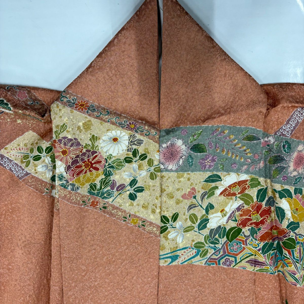 【美品】訪問服 身長157cm 袖長62cm S 雙層 花鳥 寶盡くし 金銀彩 粉米色 純蠶絲 優品級