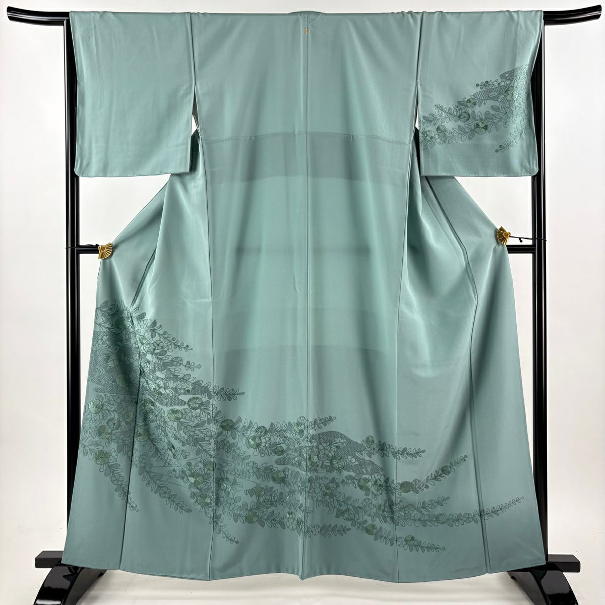訪問服 身長161cm 袖長65cm M 雙層 草花紋紋 刺繡 漸層 灰綠 純蠶絲 秀品級 一つ紋