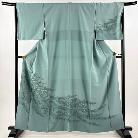 訪問服 身長161cm 袖長65cm M 雙層 草花紋紋 刺繡 漸層 灰綠 純蠶絲 秀品級 一つ紋
