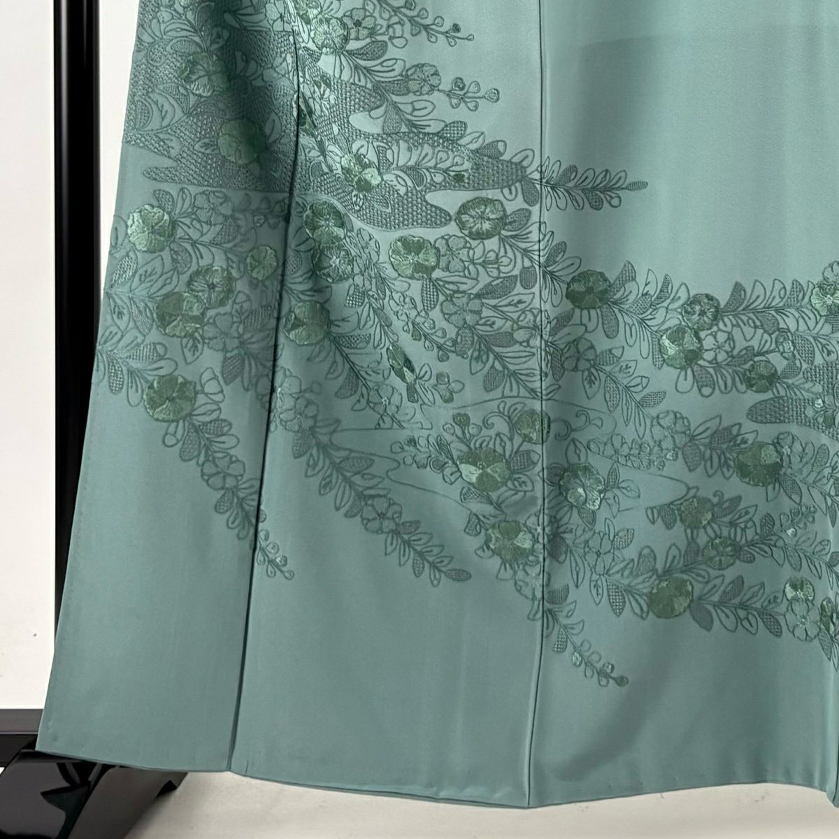 訪問服 身長161cm 袖長65cm M 雙層 草花紋紋 刺繡 漸層 灰綠 純蠶絲 秀品級 一つ紋