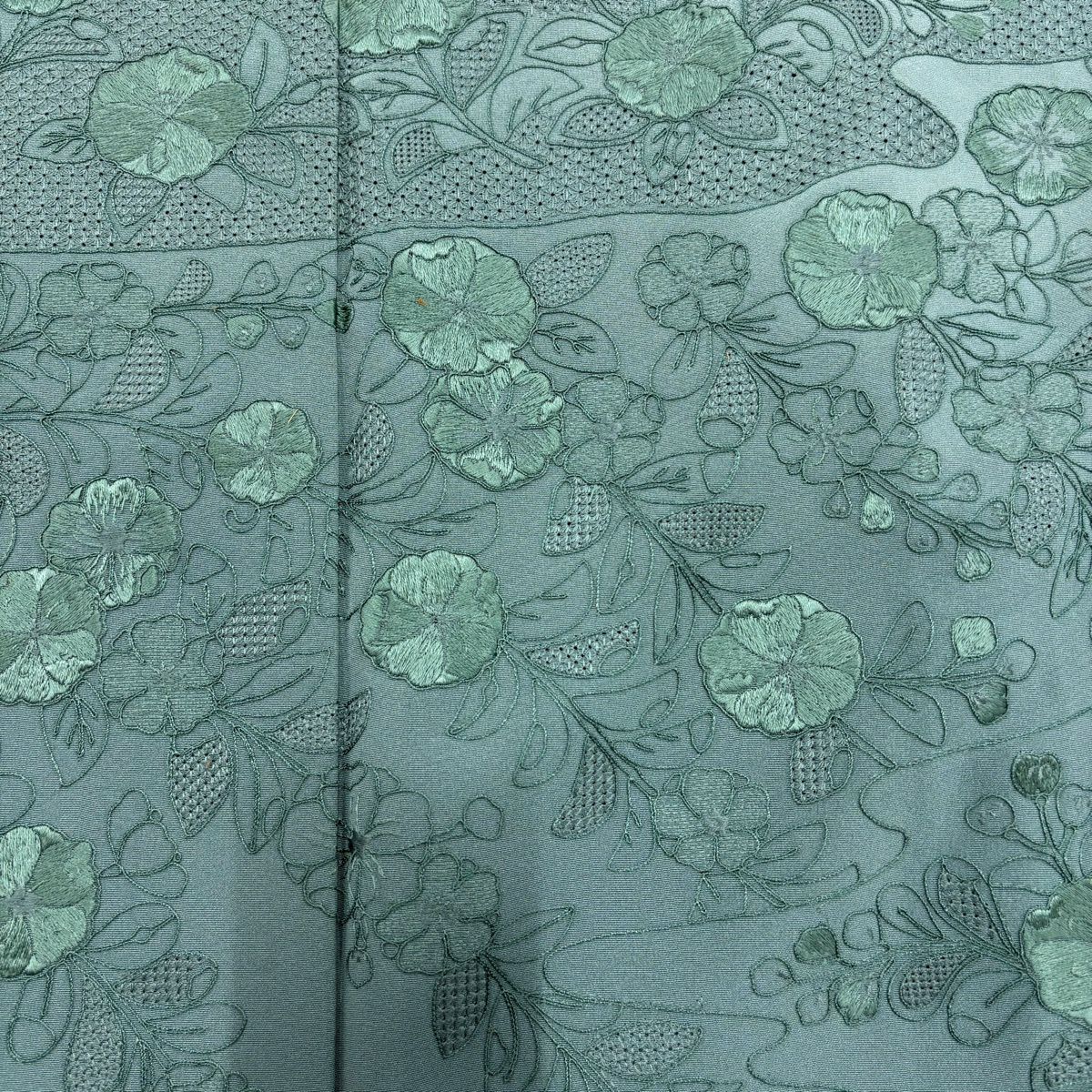 訪問服 身長161cm 袖長65cm M 雙層 草花紋紋 刺繡 漸層 灰綠 純蠶絲 秀品級 一つ紋