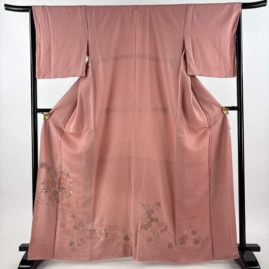 付下 身長165cm 袖長65cm M 雙層 扇子面 草花紋紋 刺繡 粉紅 純蠶絲 秀品級 一つ紋