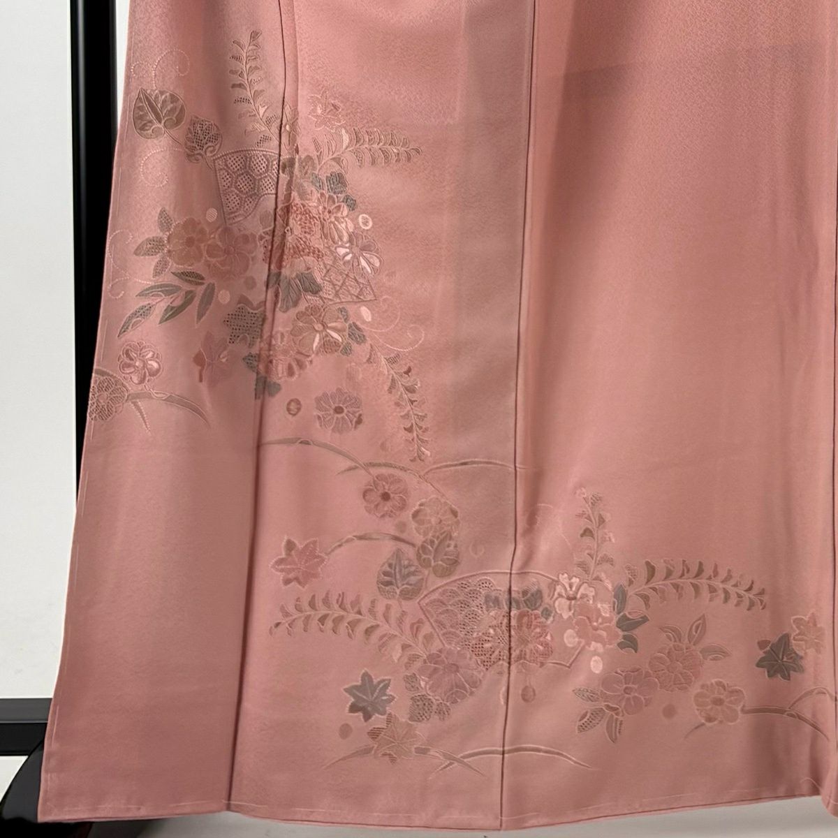 付下 身長165cm 袖長65cm M 雙層 扇子面 草花紋紋 刺繡 粉紅 純蠶絲 秀品級 一つ紋