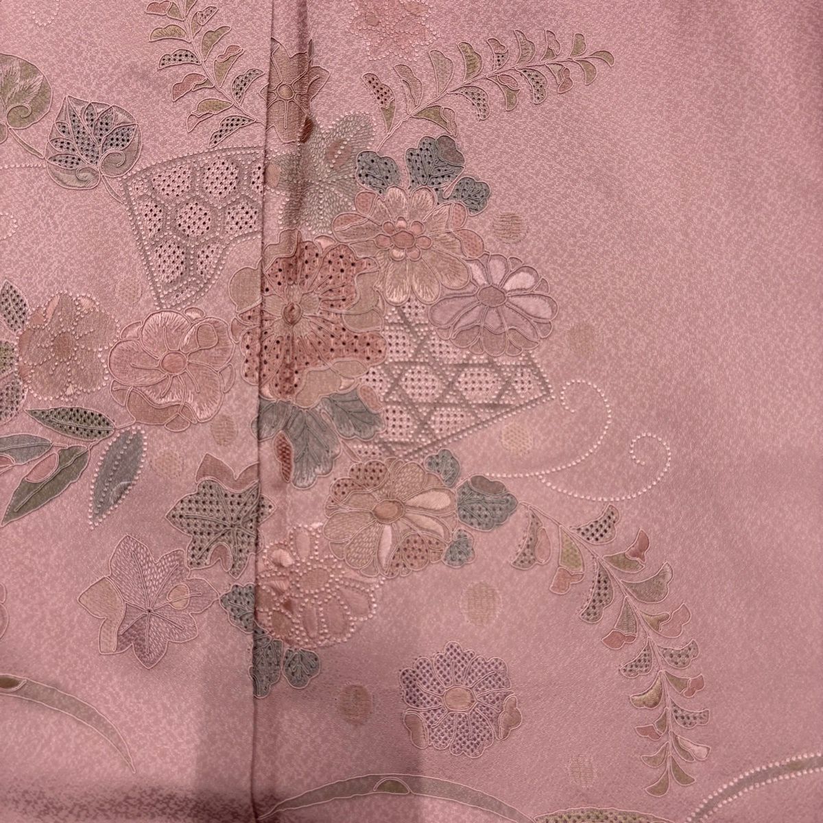 付下 身長165cm 袖長65cm M 雙層 扇子面 草花紋紋 刺繡 粉紅 純蠶絲 秀品級 一つ紋