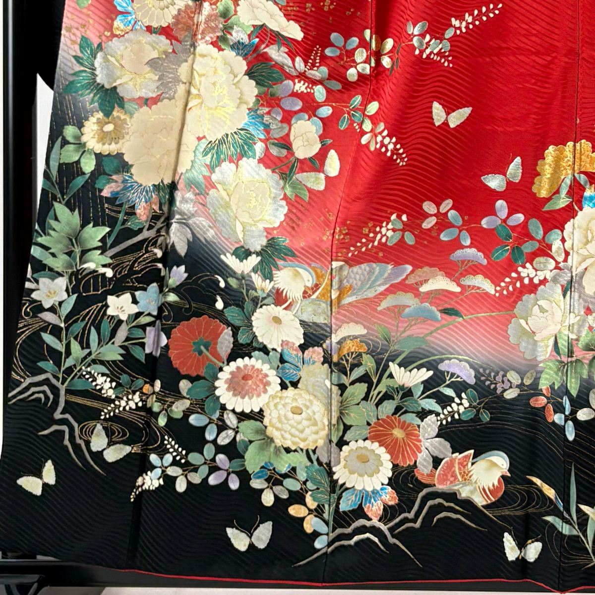 振袖禮服 身長157cm 袖長65cm M 雙層 鴛鴦 牡丹 金銀彩 紅 純蠶絲 秀品級