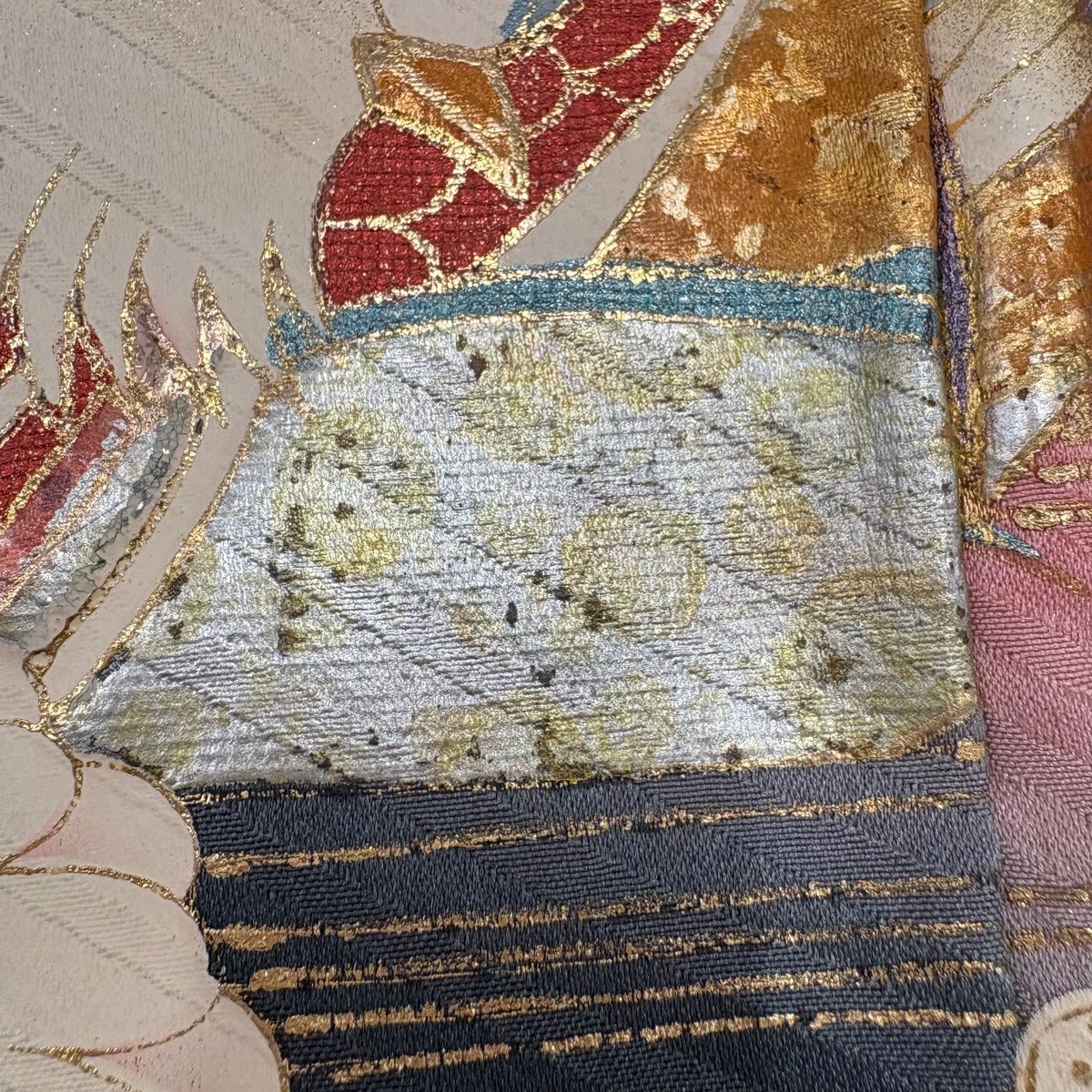 振袖禮服 身長157cm 袖長65cm M 雙層 鴛鴦 牡丹 金銀彩 紅 純蠶絲 秀品級