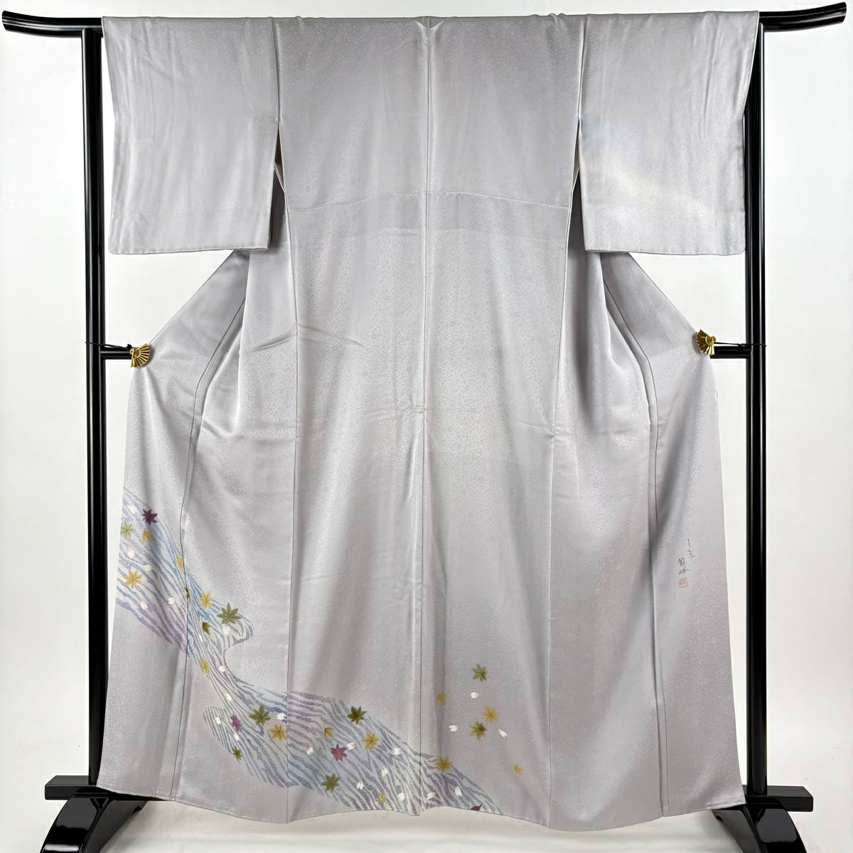 【美品】 付下 身長161cm 袖長63.5cm S 雙層 落款あり 楓 流水 灰 純蠶絲 秀品級 一つ紋