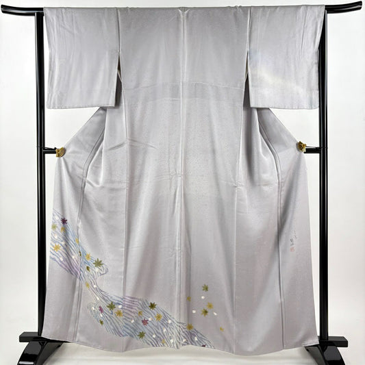 【美品】 付下 身長161cm 袖長63.5cm S 雙層 落款あり 楓 流水 灰 純蠶絲 秀品級 一つ紋