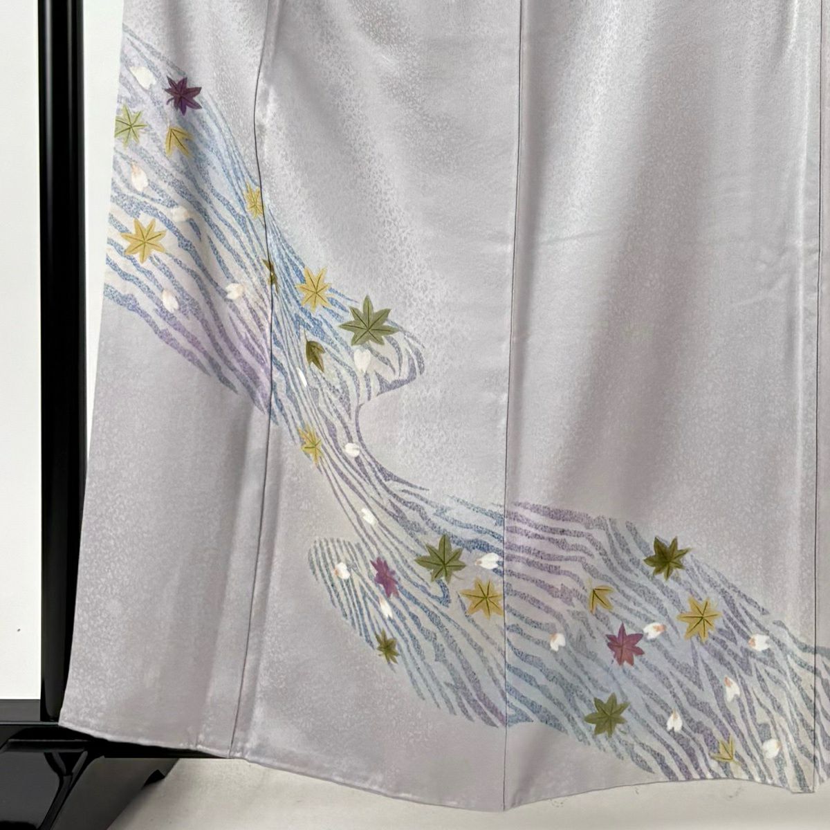 【美品】 付下 身長161cm 袖長63.5cm S 雙層 落款あり 楓 流水 灰 純蠶絲 秀品級 一つ紋
