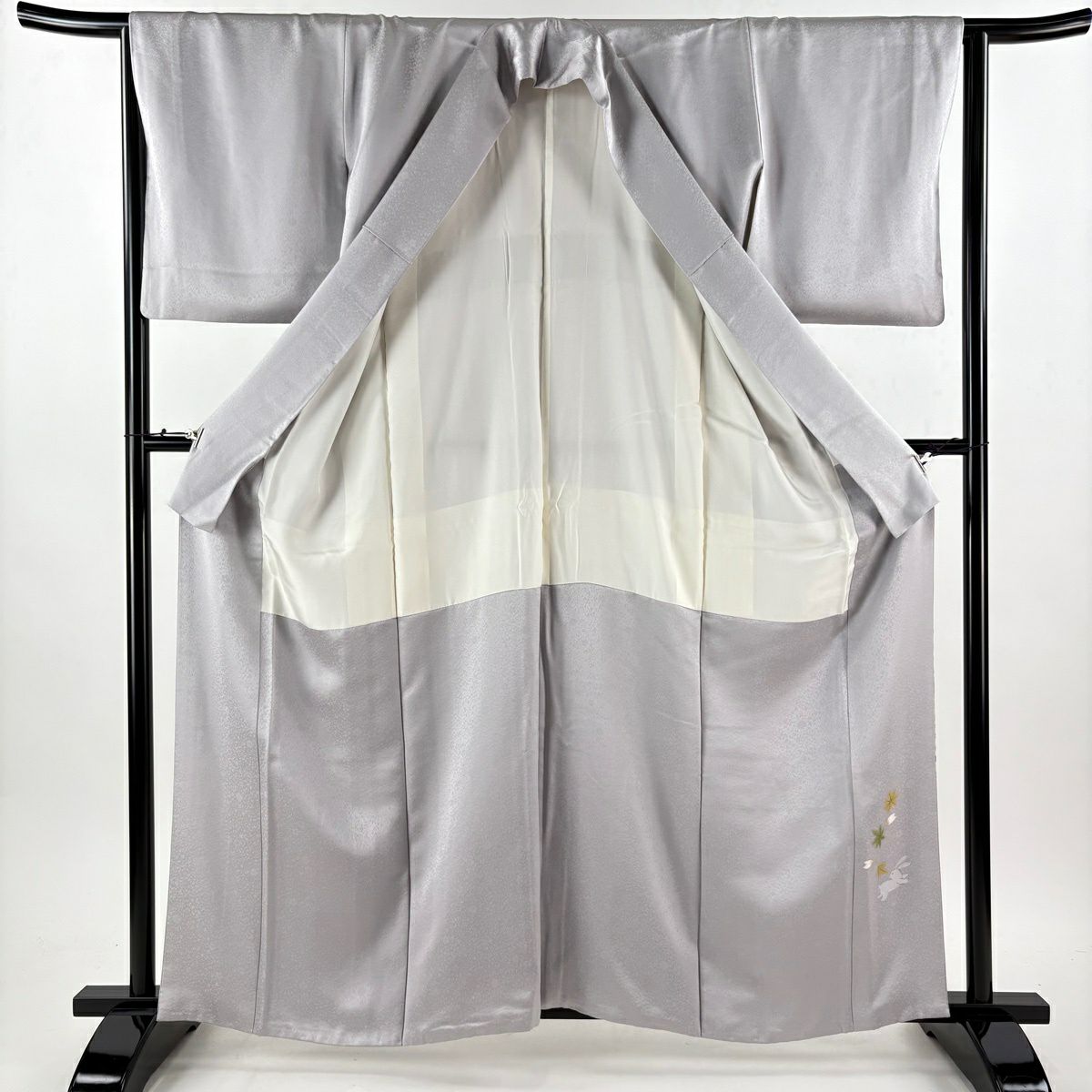 【美品】 付下 身長161cm 袖長63.5cm S 雙層 落款あり 楓 流水 灰 純蠶絲 秀品級 一つ紋