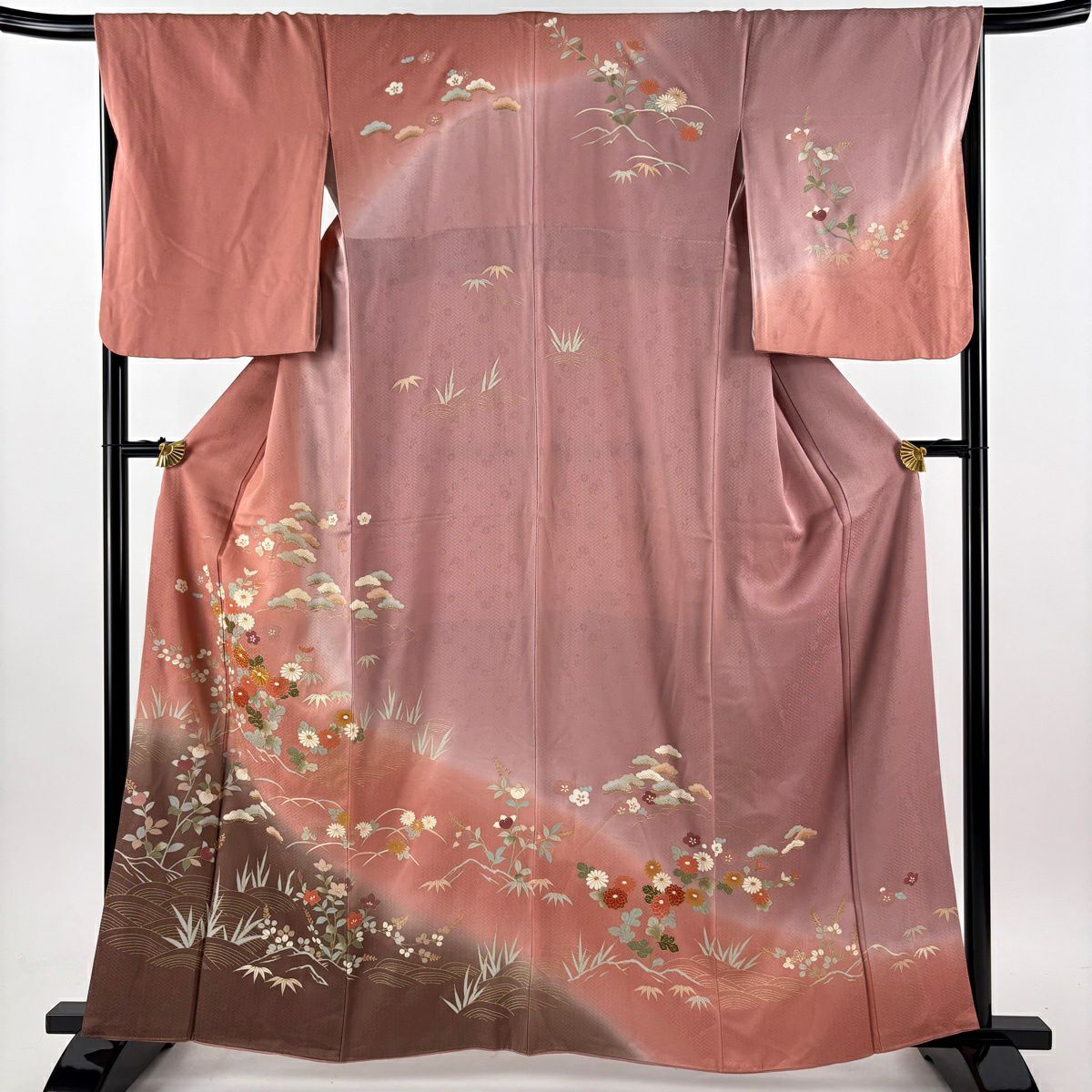 訪問服 身長161cm 袖長66.5cm M 雙層 松樹竹子梅花 菊花 金絲 金銀彩 粉米色 純蠶絲 優品級