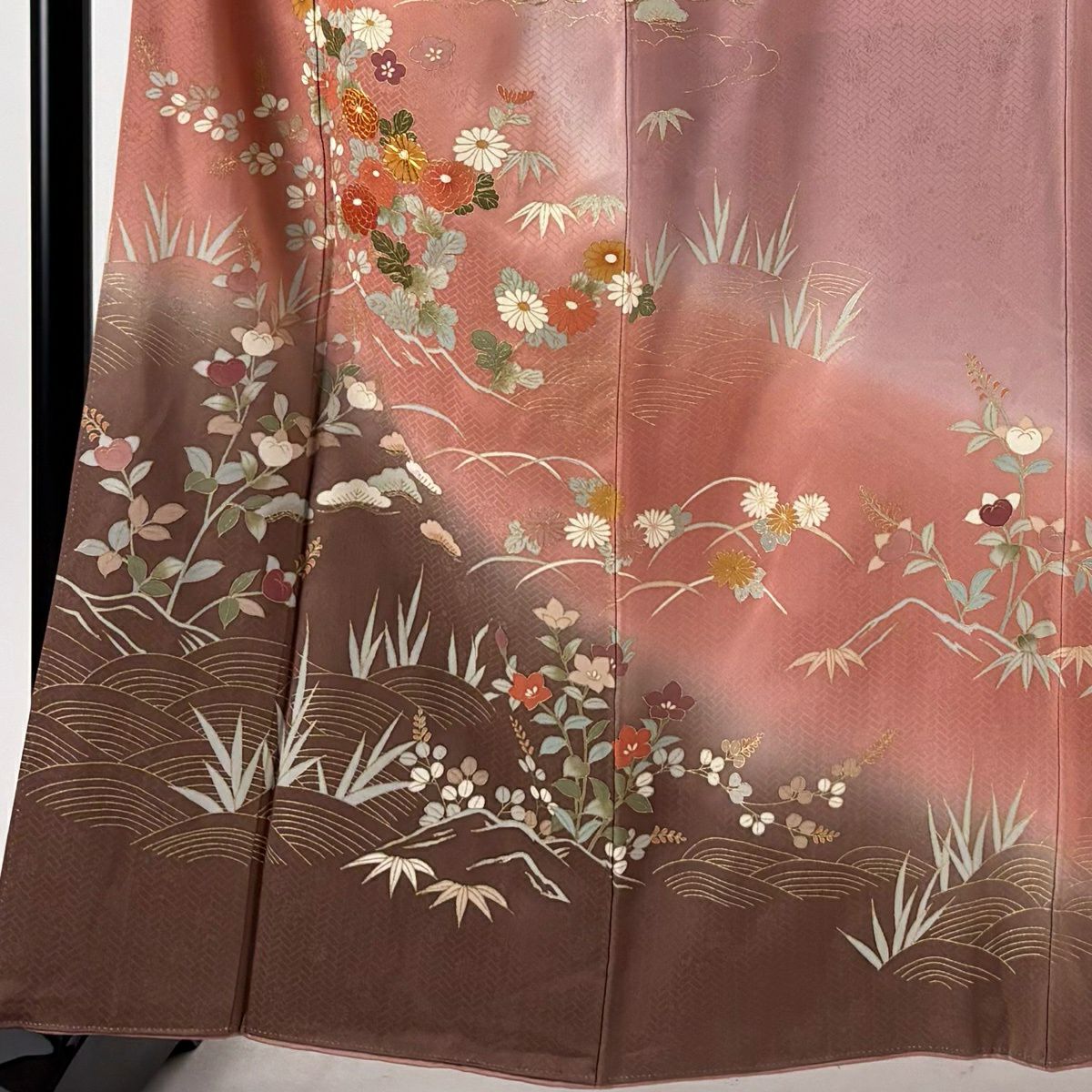 訪問服 身長161cm 袖長66.5cm M 雙層 松樹竹子梅花 菊花 金絲 金銀彩 粉米色 純蠶絲 優品級