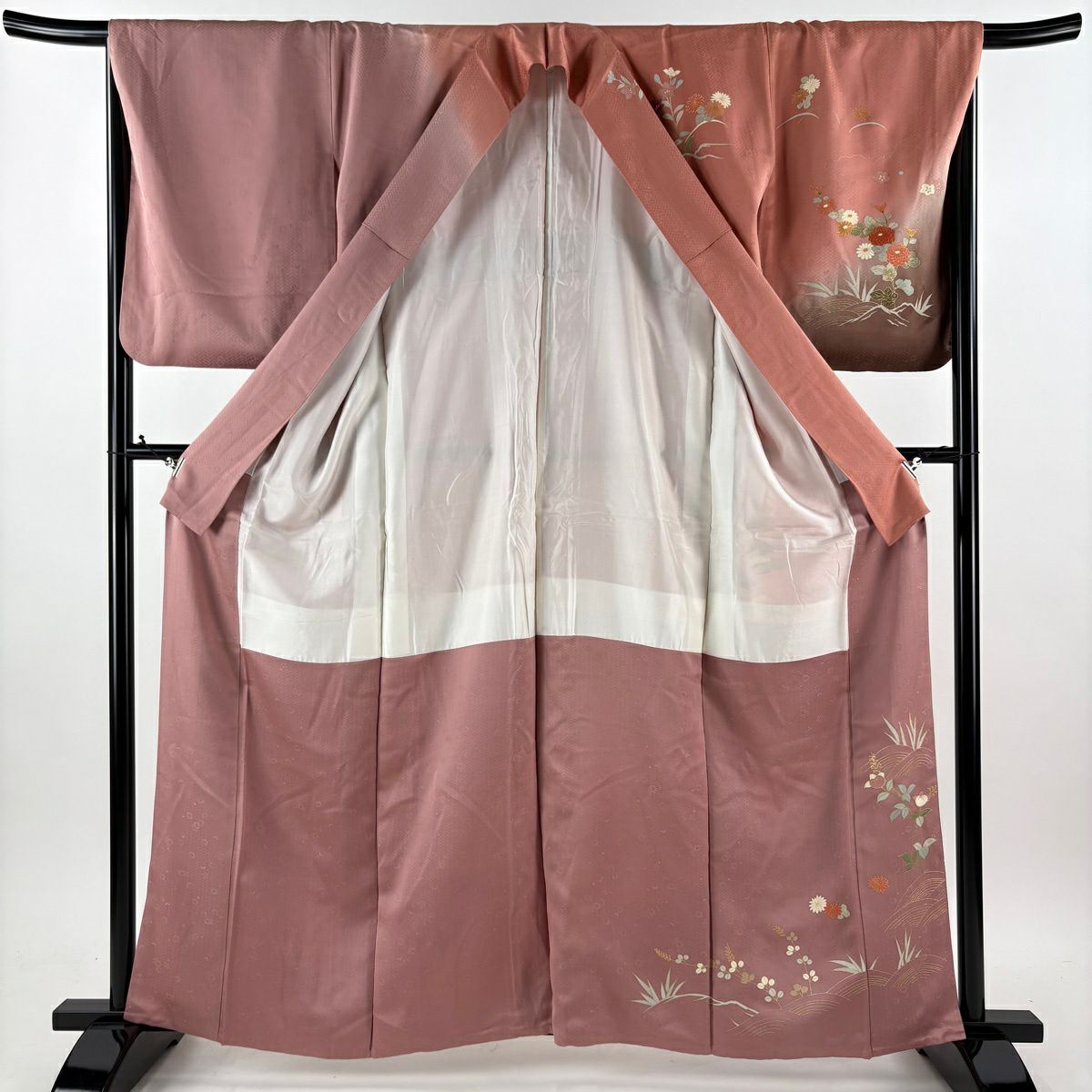 訪問服 身長161cm 袖長66.5cm M 雙層 松樹竹子梅花 菊花 金絲 金銀彩 粉米色 純蠶絲 優品級