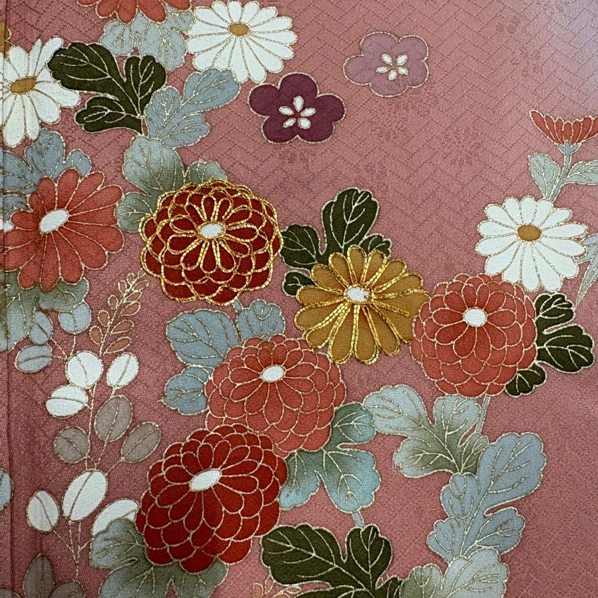 訪問服 身長161cm 袖長66.5cm M 雙層 松樹竹子梅花 菊花 金絲 金銀彩 粉米色 純蠶絲 優品級