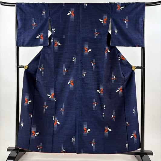【美品】 紬織 身長158.5cm 袖長66cm M 雙層 蝶 幾何學 深藍 純蠶絲 秀品級