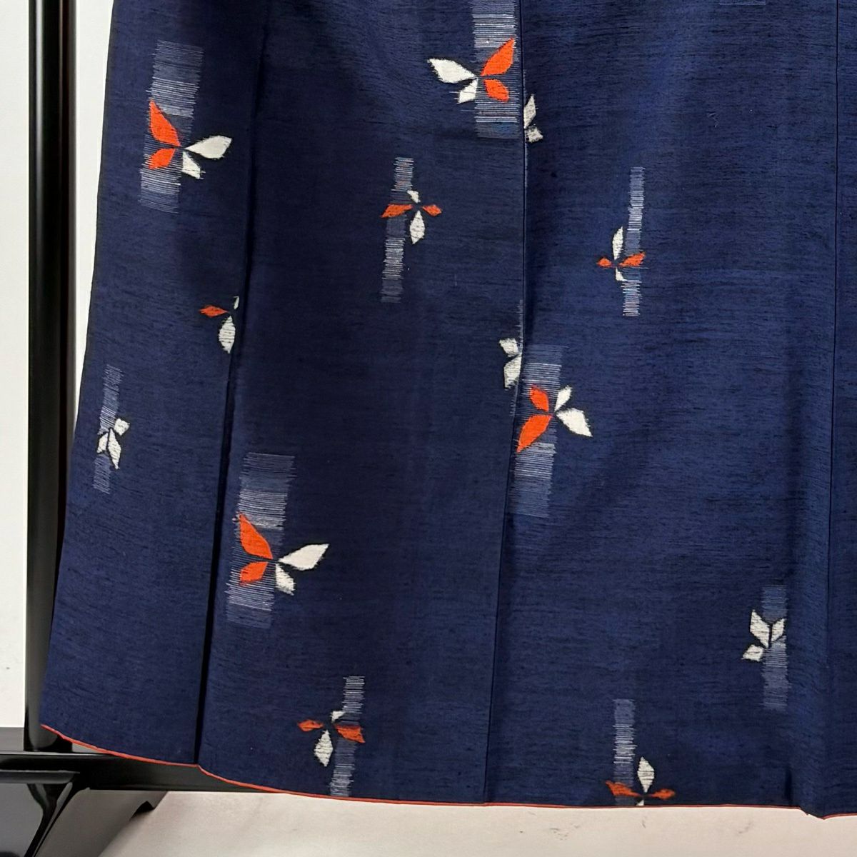 【美品】 紬織 身長158.5cm 袖長66cm M 雙層 蝶 幾何學 深藍 純蠶絲 秀品級